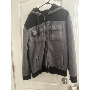 Surplus Mens XL Hooded Jacket Cotton/Polyester Blend Black/Grey Sherpa Lined Ful